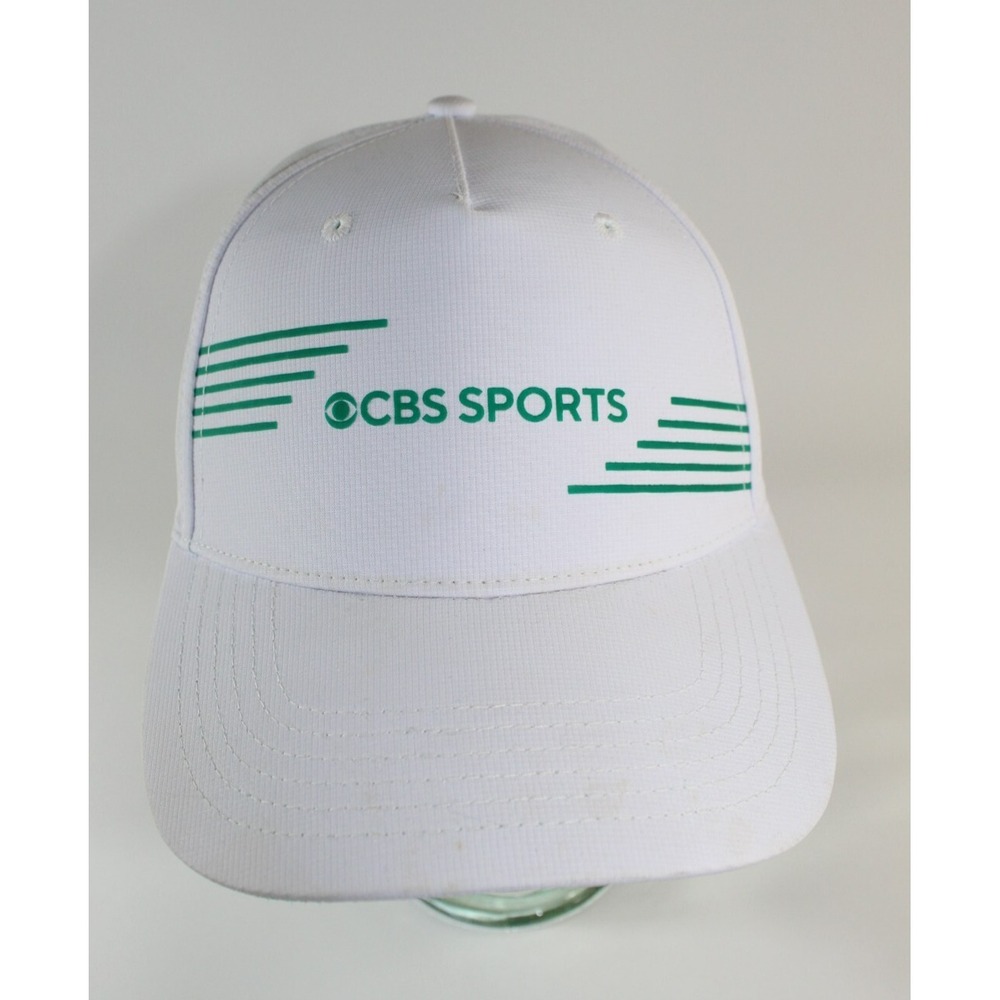 CBS Sports Crew Cap Curved Brim White Golf Hat Green Logo Adjustable Adult NEW